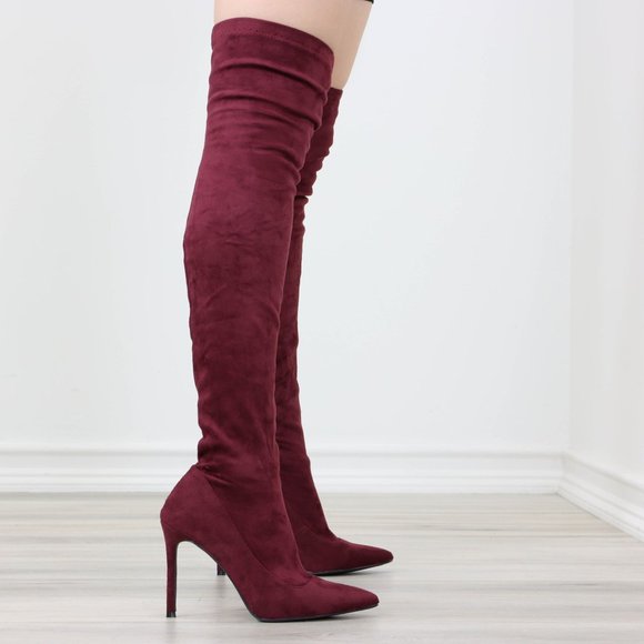 Wine Women's Thigh High Boots Faux Suede Pointed Toe Stilettos - Picture 12 of 15